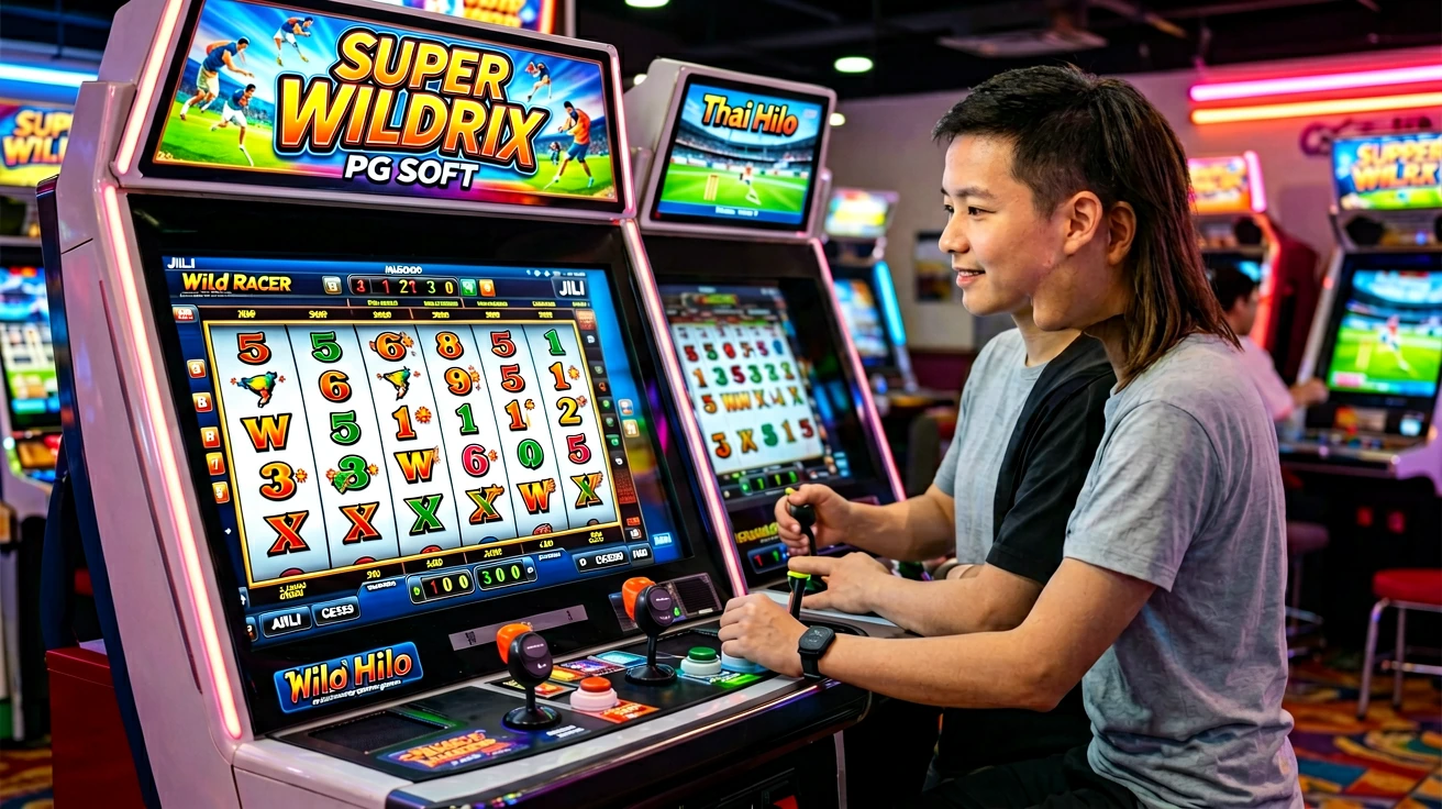 အမျိုးသားတစ်ဦး arcade ဂိမ်းစက်ကို ရှေ့တွင်ထိုင်ကာ joystick ကိုင်ပြီး reel မျက်နှာပြင်ကို ကြည့်နေစဉ် ပတ်ဝန်းကျင်တွင် အခြားဂိမ်းစက်များ တွေ့ရသည့်ပုံ